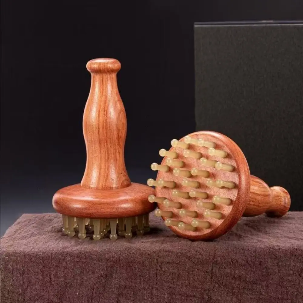 Wood Grain Gua Sha Massage Tool Cow Horn 29 Teeth Meridian Massager Comfortable Wooden Handle Wood Meridian Brush Head Massage