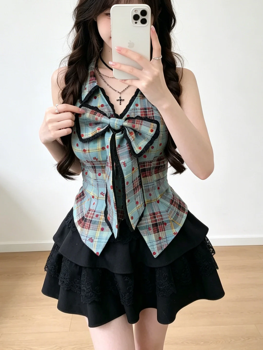 Summer Women's Plaid Shirt And Cake Skirt Two-Piece Set with Bow Design Slimming Effect Breathable Polyester Fabric V-Neck ...