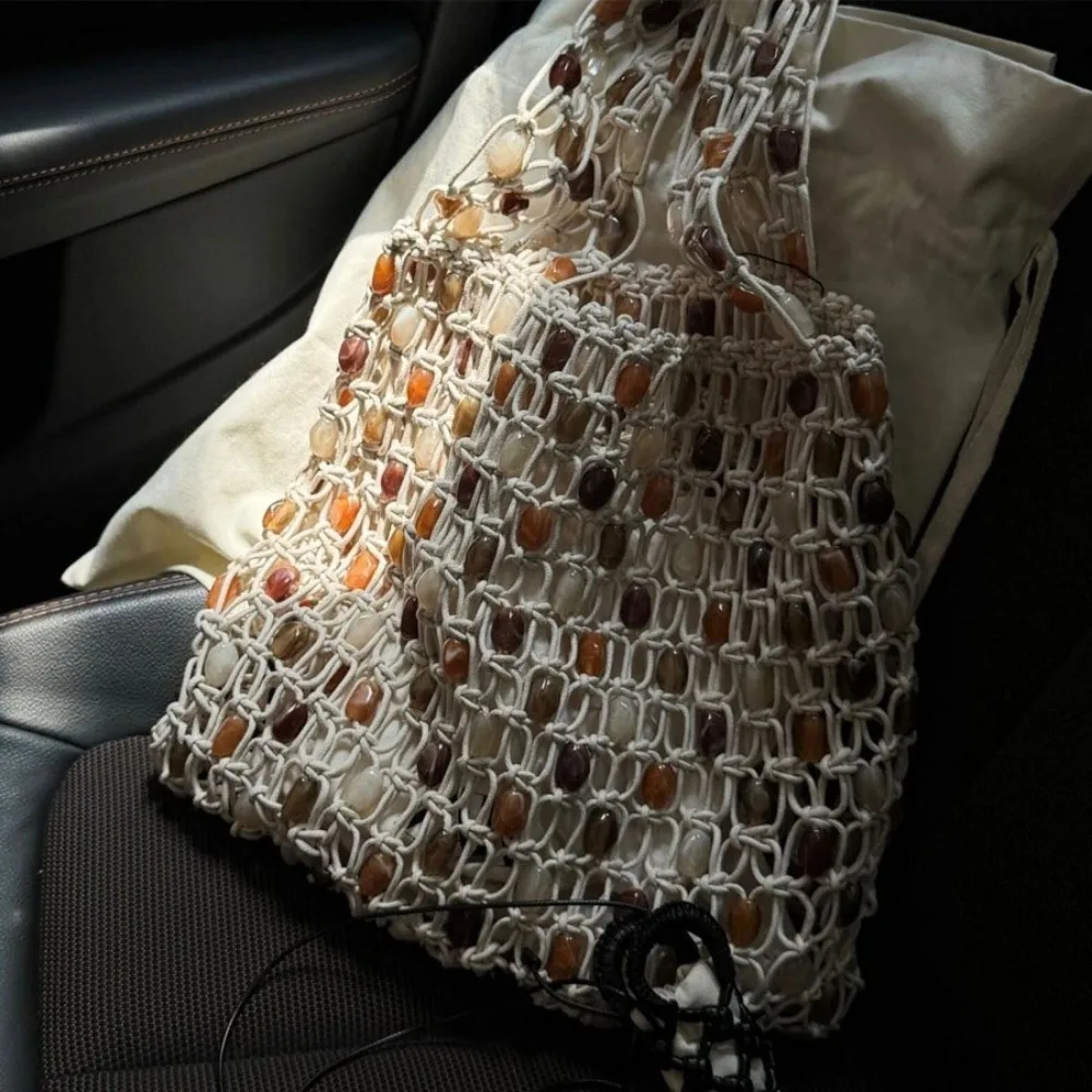 

New Summer Woven Bead Bag Bohemian Hollow-out Tote Bag Breathable Large Capacity Crossbody Handbag Gifts