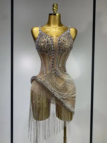 Women Sparkly Rhinestones Fringes Mesh See Through Short Dress Celebrate Birthday Club Evening Dress Sexy Hotwife Stage Outfit