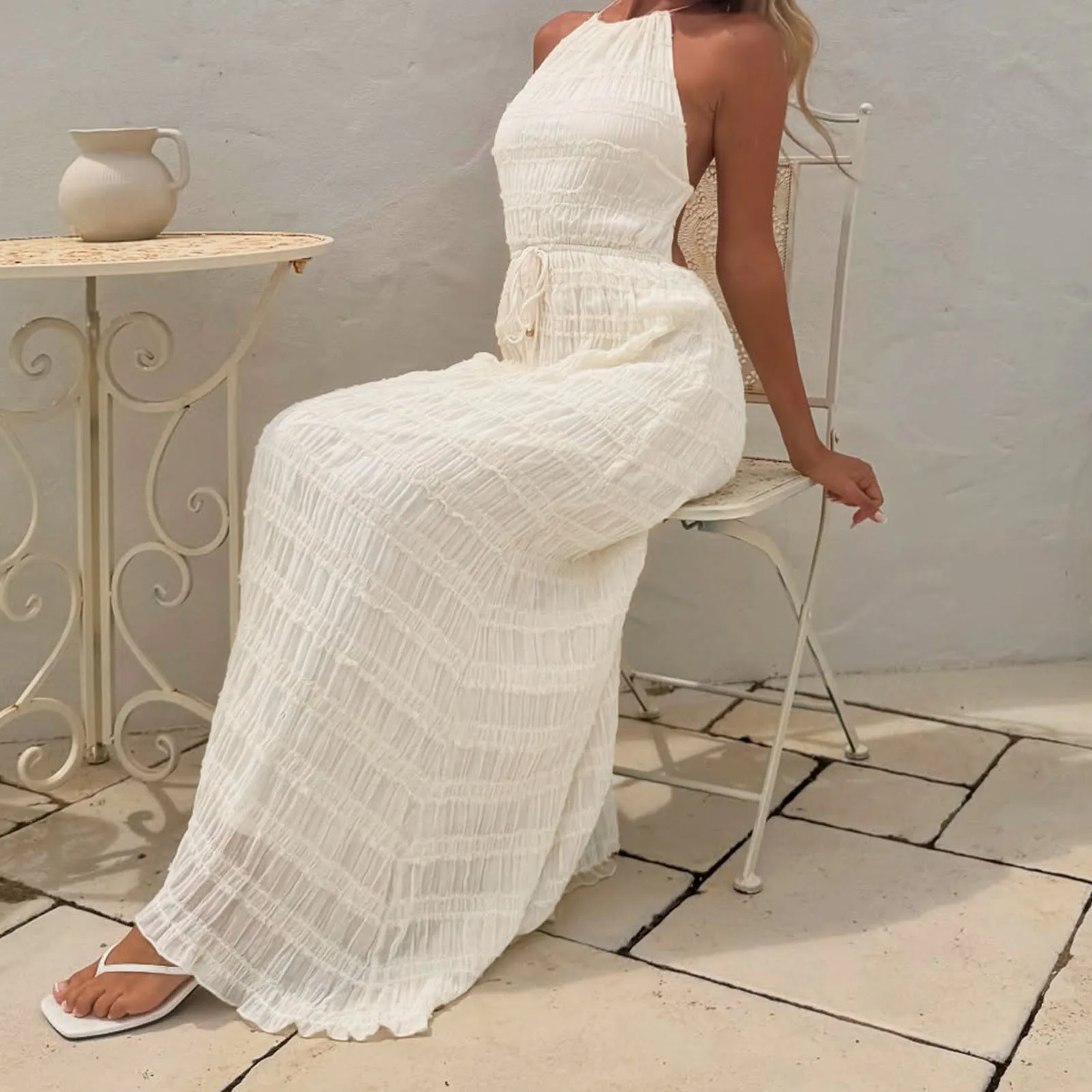 Combhasaki Women Lace-up Halter Neck Frill Layered Smocked Solid Drawstring Tied Belted Sleeveless Backless A-line Long Dress