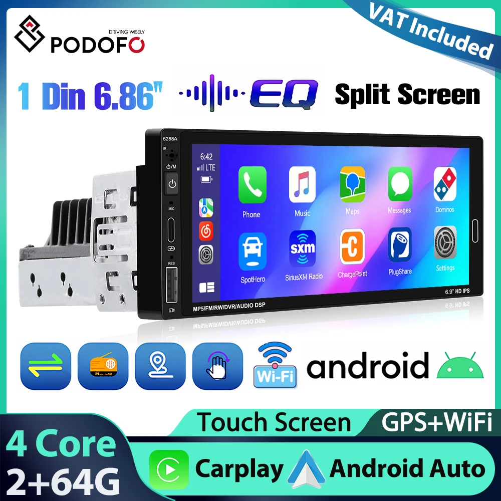 Podofo 6.86'' 2+64G Autoradio Intelligente 1Din Universale con Carplay, Android Auto, BT, WIFI, GPS, Mirror Link, FM