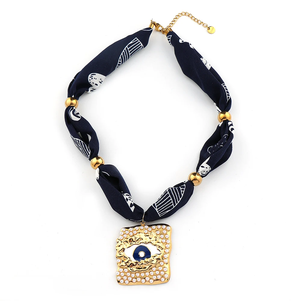 

Blue Scarf Fabric Imitation Pearls Evil Eye Pendant Choker Necklace for Women Stainless Steel Handmade Sweater Chain Jewelry