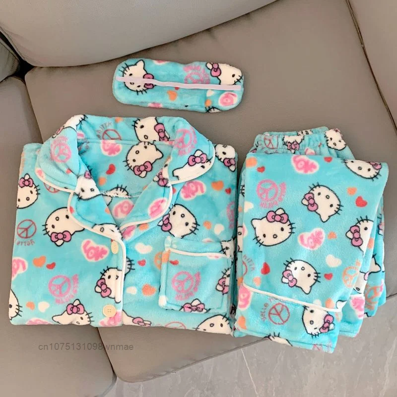 Sanrio Cute Hello Kitty Coral Fleece Plush Pajamas Set Women's Autumn and Winter Pijama Thickened Flannel Home Furry Set Clothes