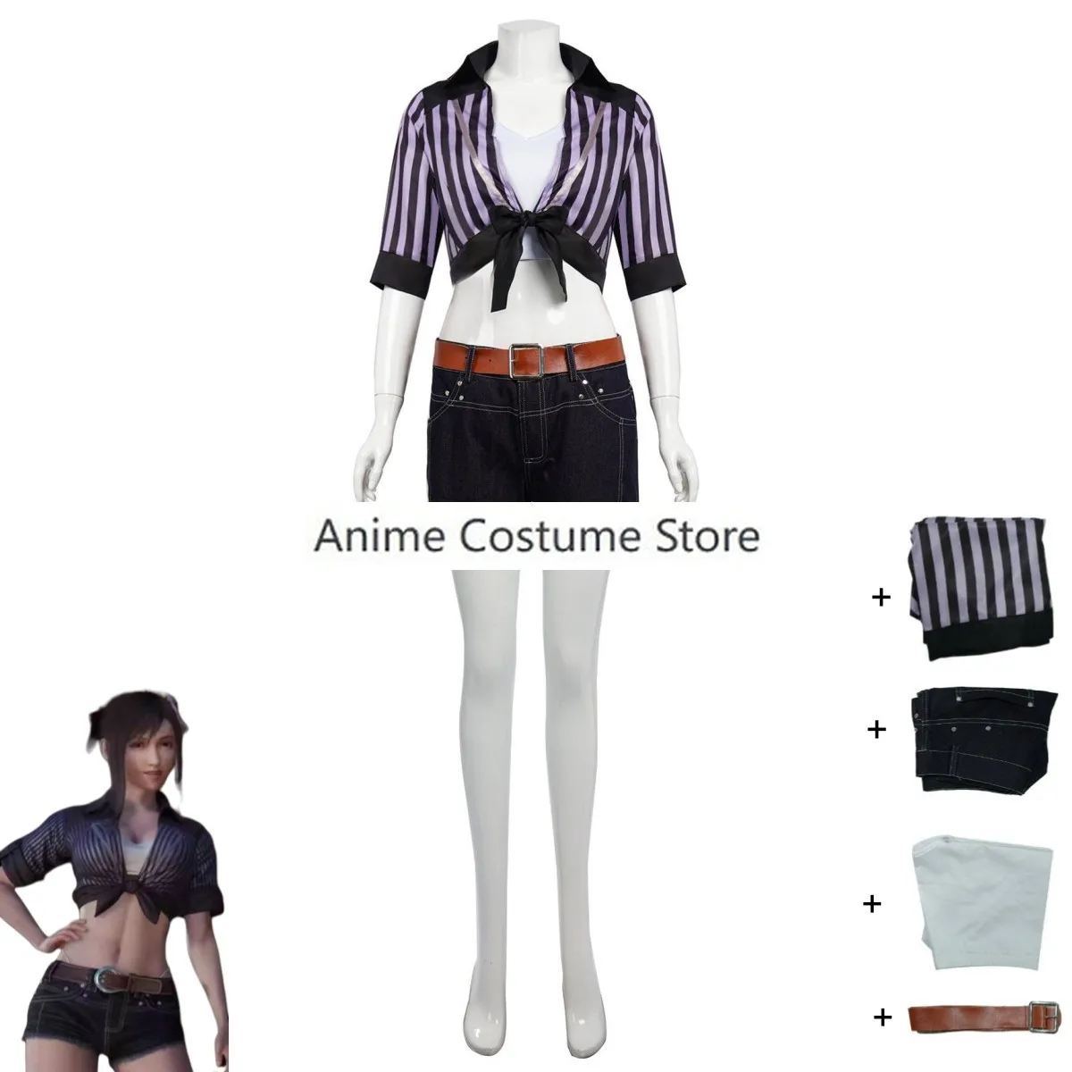 Final Nette VII Tanza Lockhart Cosplay Costume pour femme, maillot de bain d'été sexy, chemise courte à rayures noires, perruque de carnaval, jeu d'anime imbibé