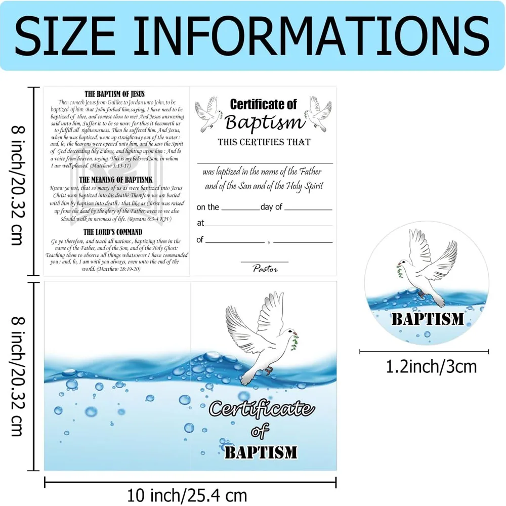 10 Pack Baptism Certificates for Church with Envelopes 8 x 10 Inch Certificate of Baptism Baptismal Certificates