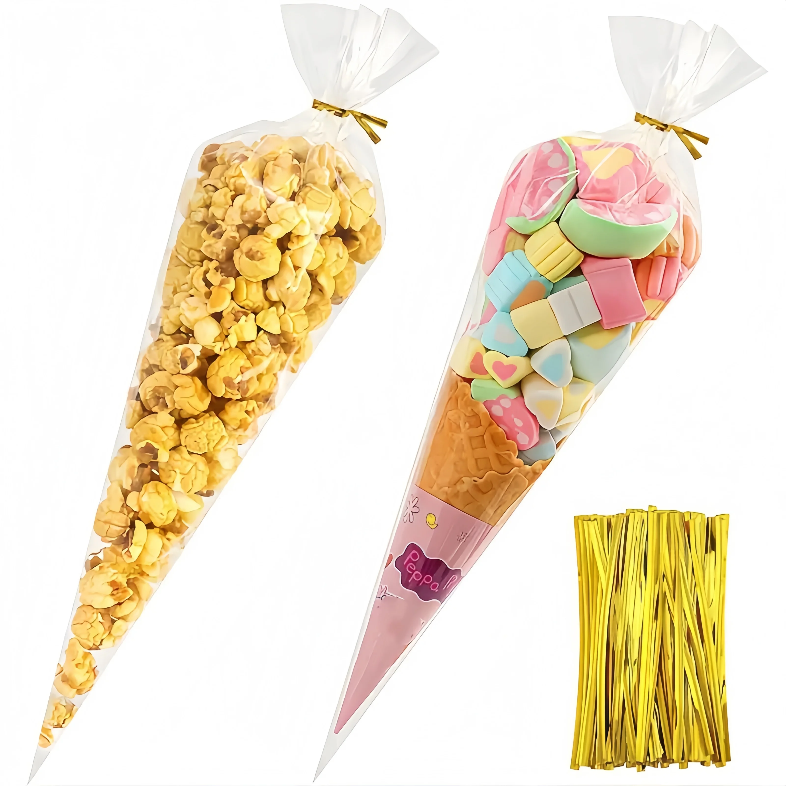 Mini bolsa cónica transparente con torcedura para palomitas de maíz, dulces, regalo y fiesta, bolsa triangular para envolver regalos, 25/50/100 Uds.