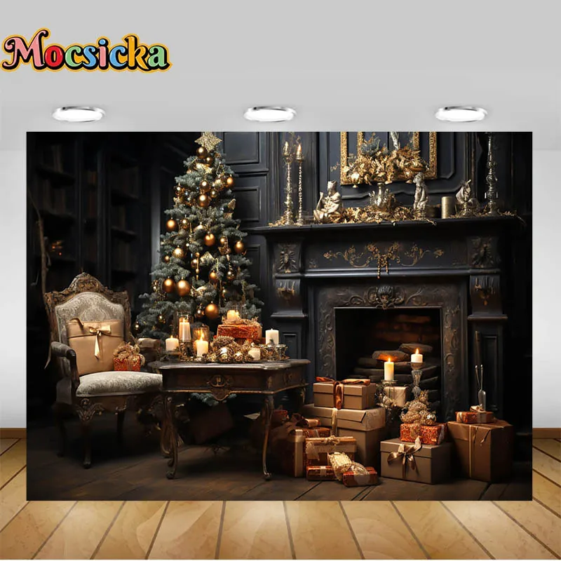 خلفية زينة لحفلات عيد الميلاد، غرفة عيد الميلاد الفارغة في الليل، طاولة وكراسي مدفأة شجرة عيد الميلاد، دعائم استوديو الصور