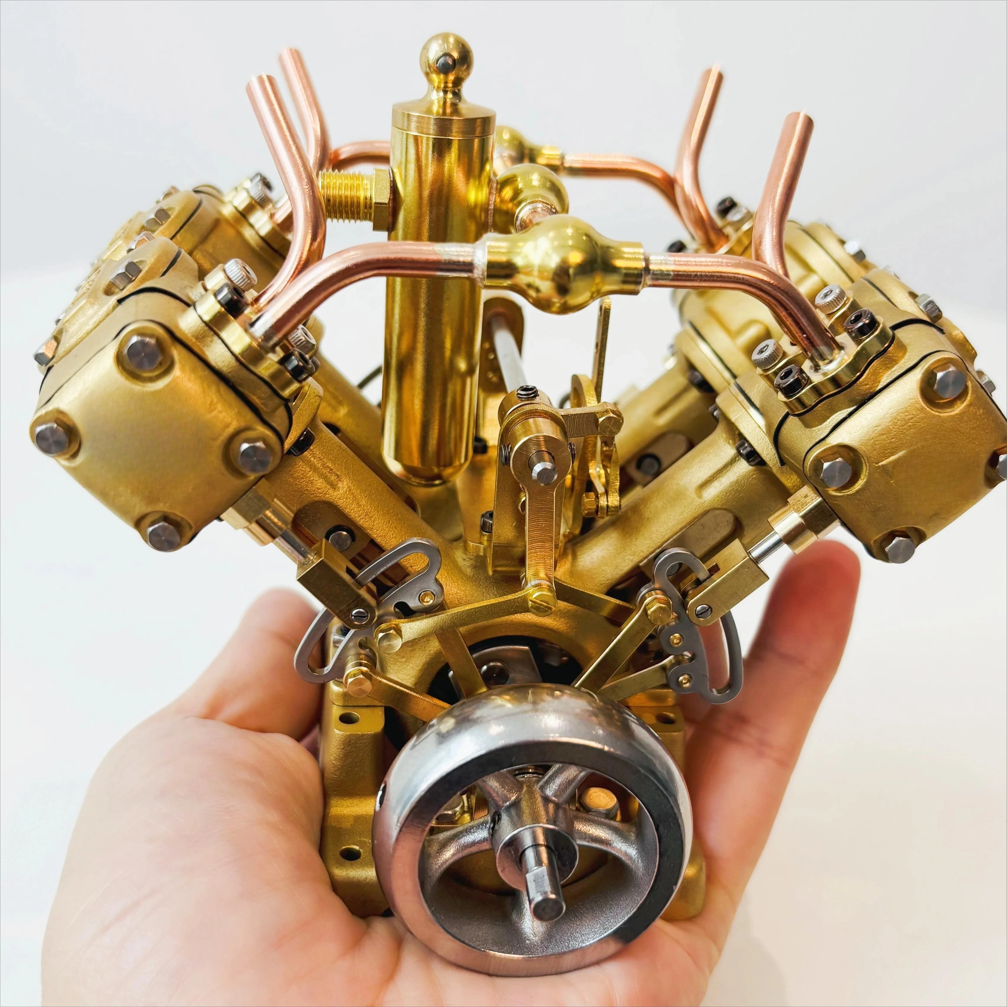 Steam  Four Cylinder V-type Mini Ship, Train, Stirling Miniature Model Mechanical Desktop Ornament
