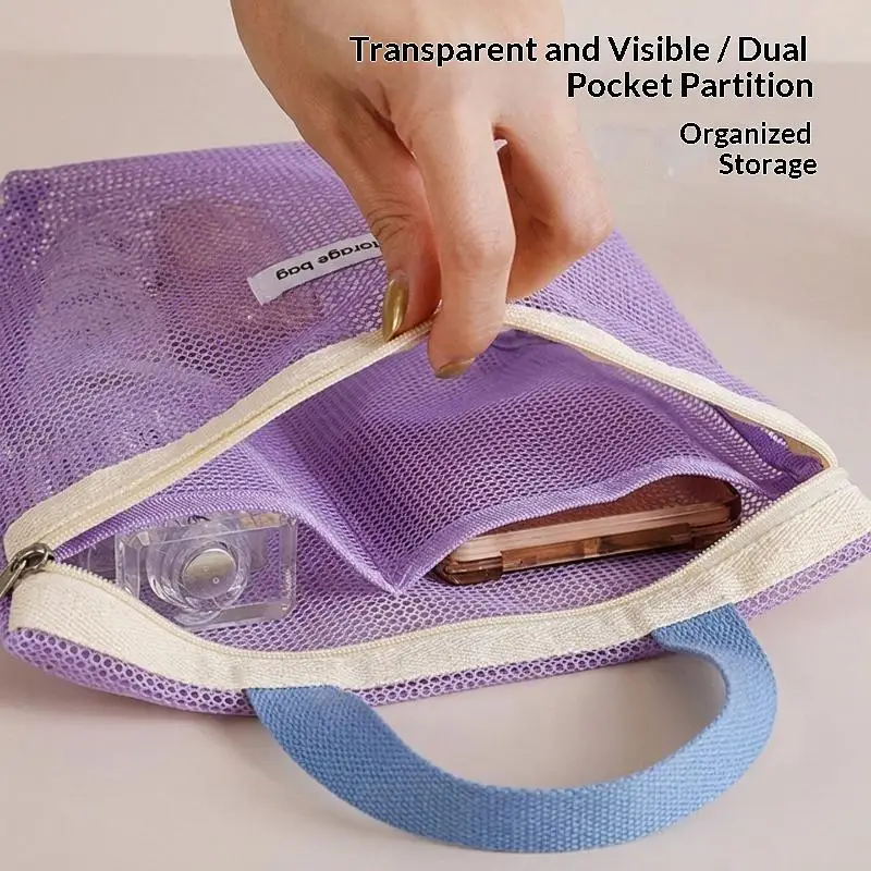 Atmungsaktive Kosmetiktasche aus Mesh mit sicherem Reißverschluss und bequemem Griff für die Organisation von Make-up und Hautpflegeartikeln auf Reisen. – Detail 8