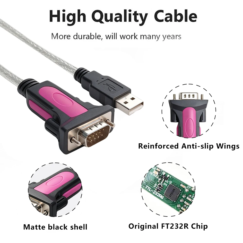 Feanteek USB TO Serial Cable Adapter With FT232RNL Chip USB To DB9 RS232 Cable for Windows 11,10, 8, 7, Vista, XP,Linux
