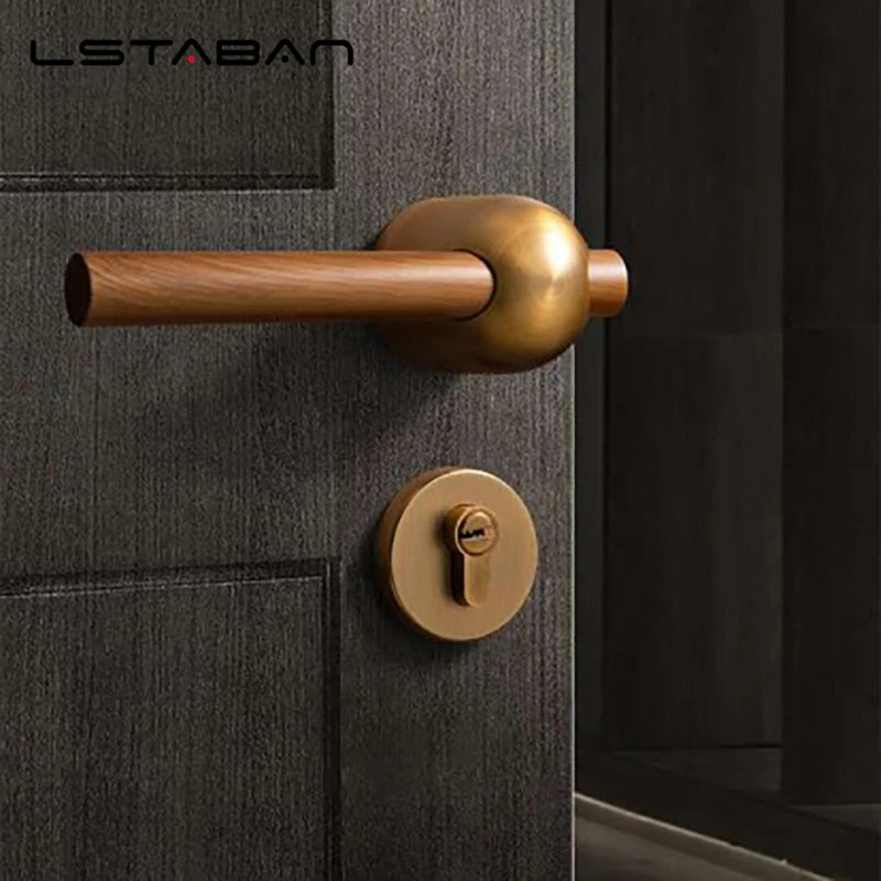 Door Room Brass Walnut Door Lock Set Modern Interior Bedroom Bathroom Double Wood Door Lever Set Dummy Handle Knob