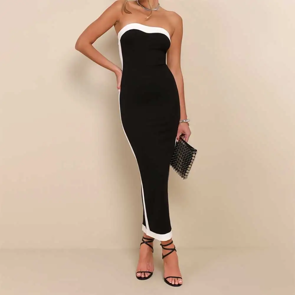 

Black White Sleeveless Strapless Backless Straight Evening Dress for Women Prom Dresses Elegant Formal Cocktail Party Gown