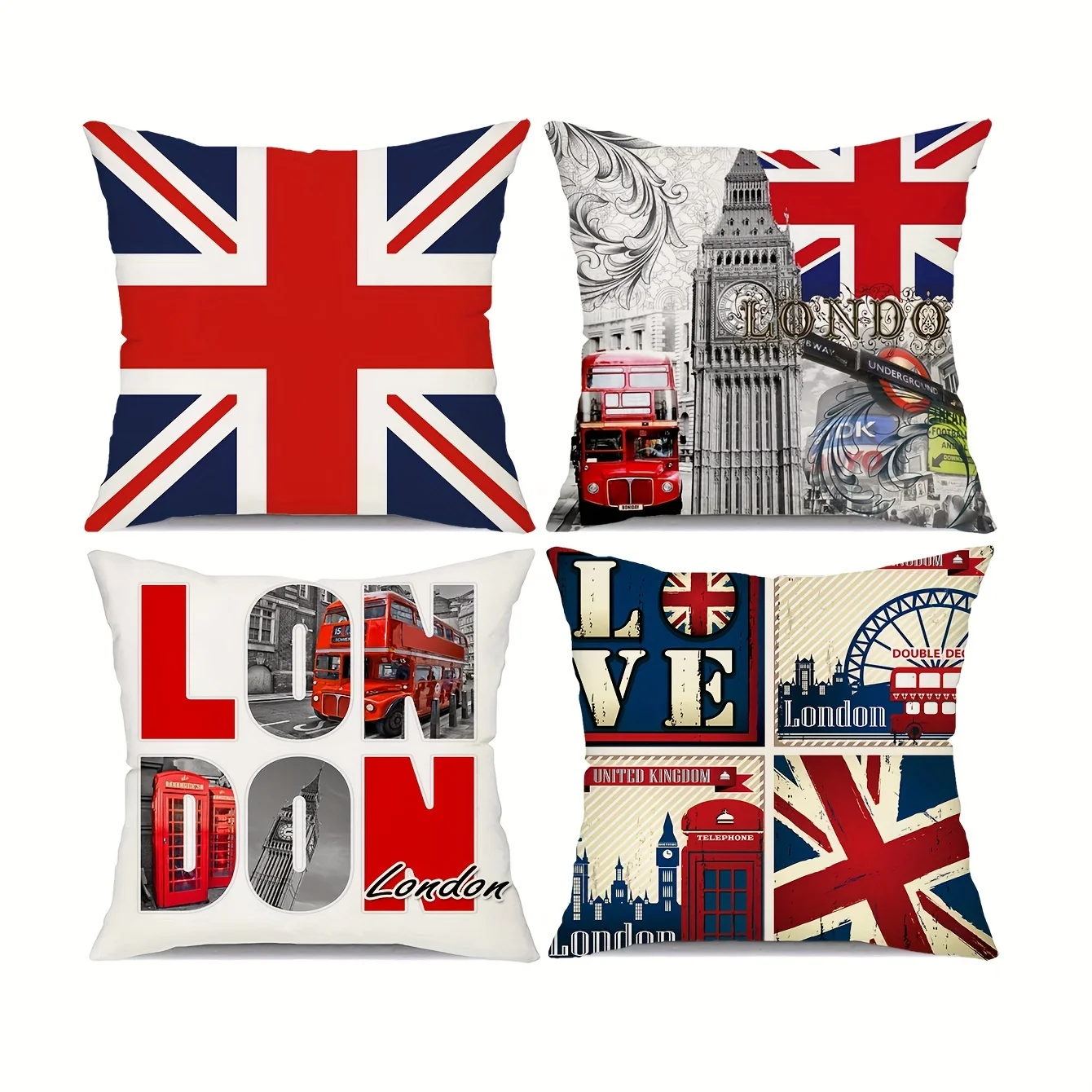 4pcs Set Vintage London Throw Pillow Covers, Ultra Soft Short Plush, Zip Closure, Hand Washable for Sofa & Car Decor