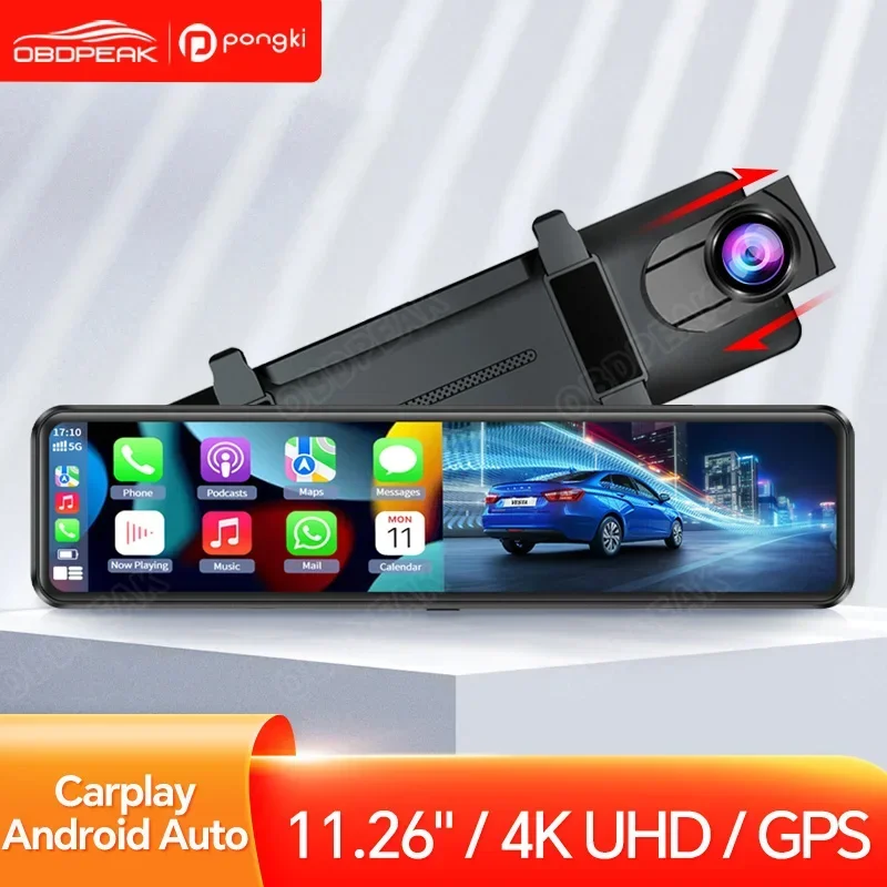 11.26 Inch 4K Car DVR Wireless CarPlay Android Auto  WiFi Dash Cam GPS FM Rearview Mirror Video Recorder 24h Parking Monitor