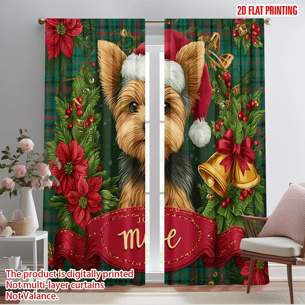 2pcs,2D plane printing Curtain Fabric Santa Dog Versatile 100% Polyester (without rod) Room Decor Ldeal for Bedroom and Various