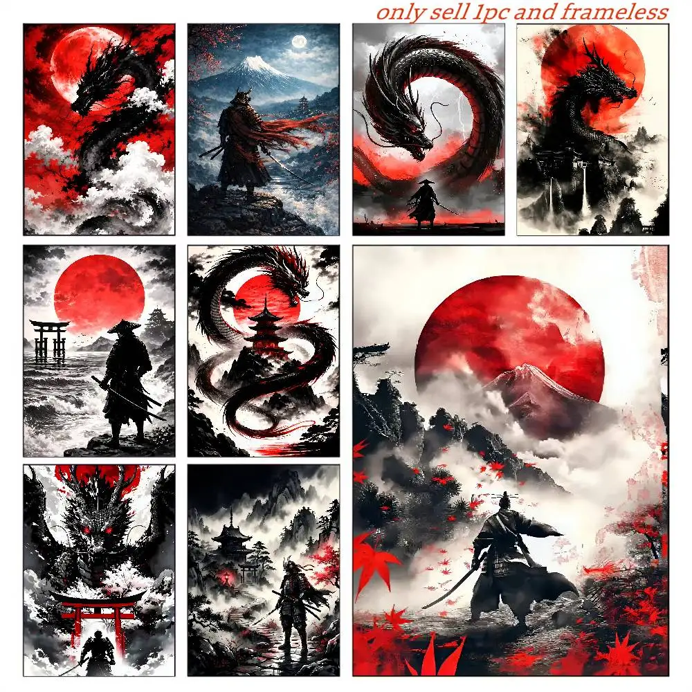 Japanese Samurai And Dragon Canvas Wall Art Ukiyo-e Style Bushido Warrior Torii Gate Print Abstract Poster Vintage Home Decor