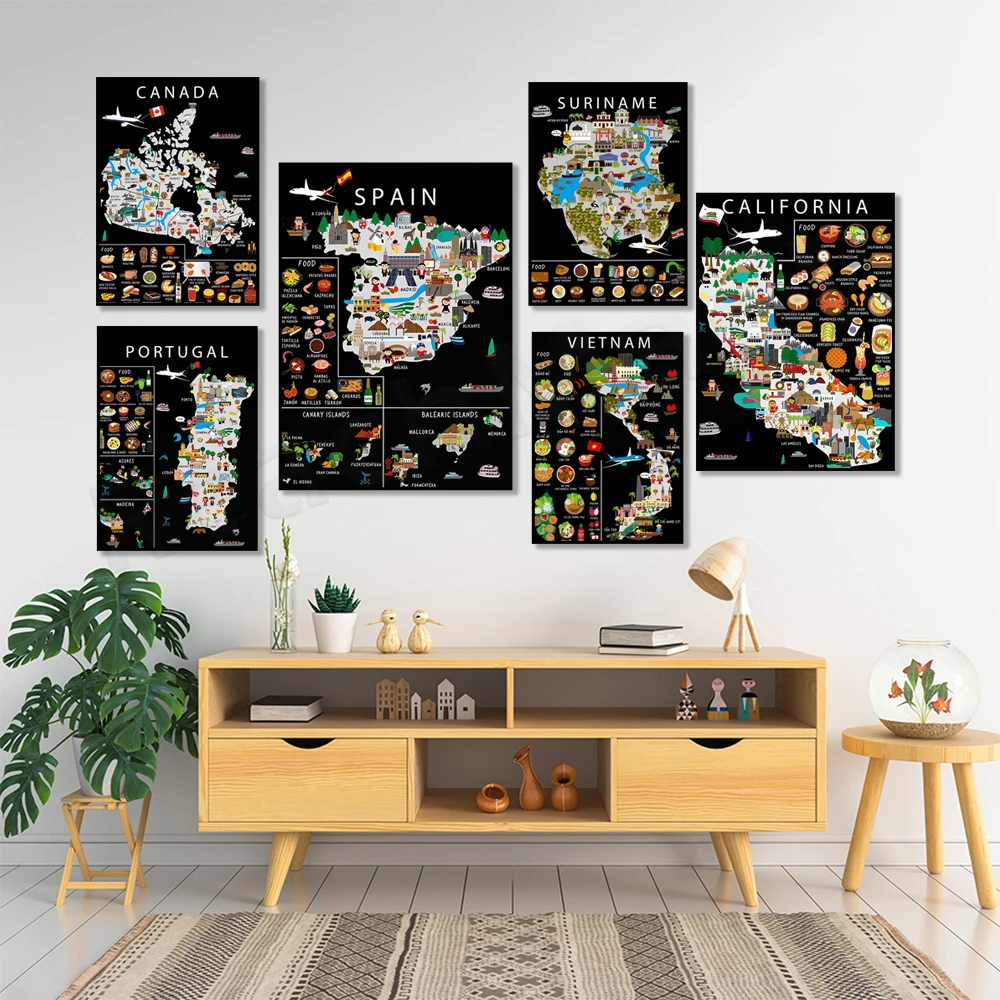 أوكرانيا ، فرنسا ، الصين ، تركيا ، الولايات المتحدة الأمريكية ، فيتنام ، البرتغال ، المغرب ، إسبانيا ، سورينام ، نيويورك ، طباعة الطعام ، مضحك خريطة السفر ملصق