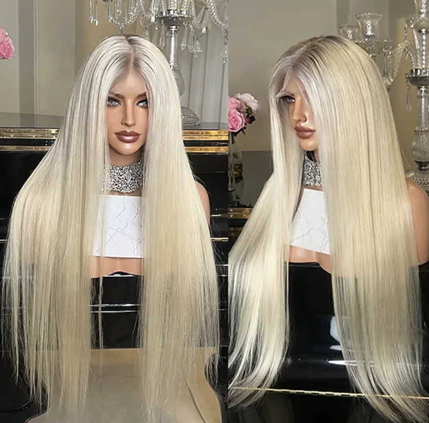 

13x4 Парик фронтальной части шнурка 1B 613 Ombre Blonde HD Полный парик шнурка Темные корни Предварительно выщипанные синтетические парики фронта шнурка для женщин парик