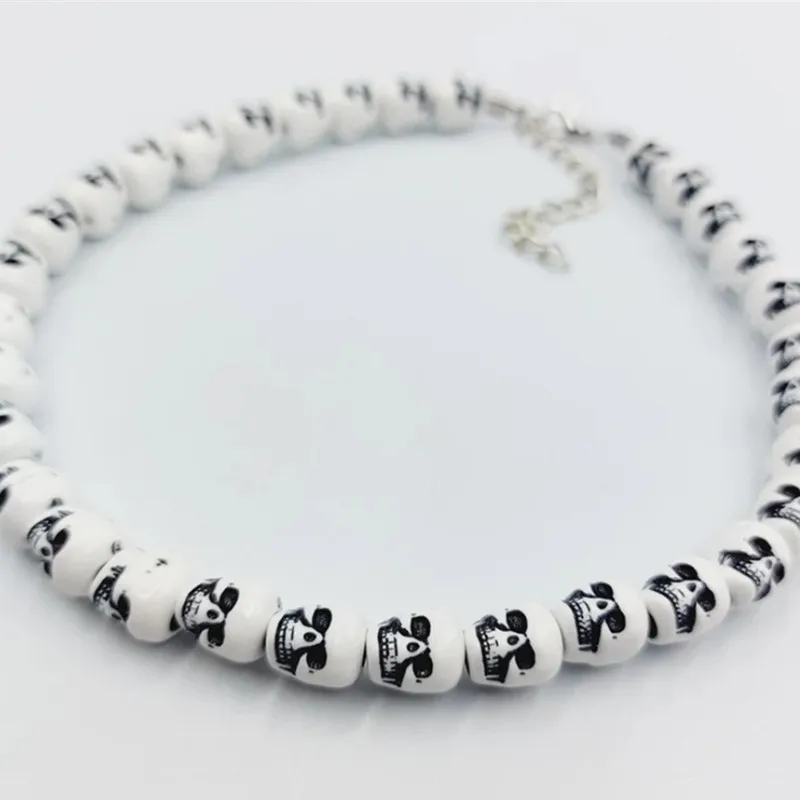 Skull Necklace - beaded black & white skull jewlery choker santa muerte gift gothic death stretchable skully skull beads goth ha