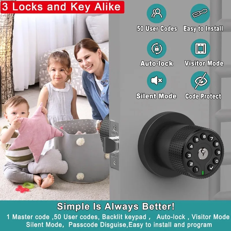 3 Pack Black Key Alike Keyless Electronic Door Knobs with Backlit Keypad, Heavy-Duty Lock, Auto-Lock, Weather Resistant