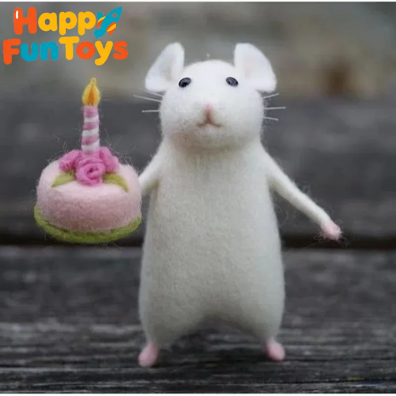 Handmade Felt Mini Mouse Figurine Holding a Pink Birthday Cake- Cute Animal Desk Decor for Shelf, Funny Celebration Gifts view 2