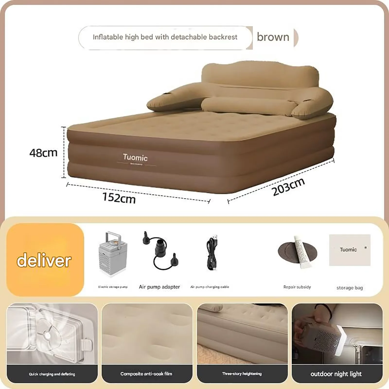2-Personen-Campingmatratze mit integrierter/externer Pumpe, Rückenlehne, PVC, automatisch aufblasbares Luftkissen, erhöhte Höhe, verdickt, für drinnen und draußen, Büro, Freizeit, Schlafmatte, 203 cm