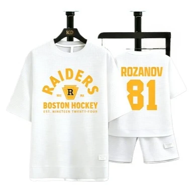 

Men's Boston Hockey Raiders Rozanov 81 Print 2 Piece Outfit Waffle Knit T-shirt + Shorts Set Ice Hockey Fan Streetwear Tracksuit