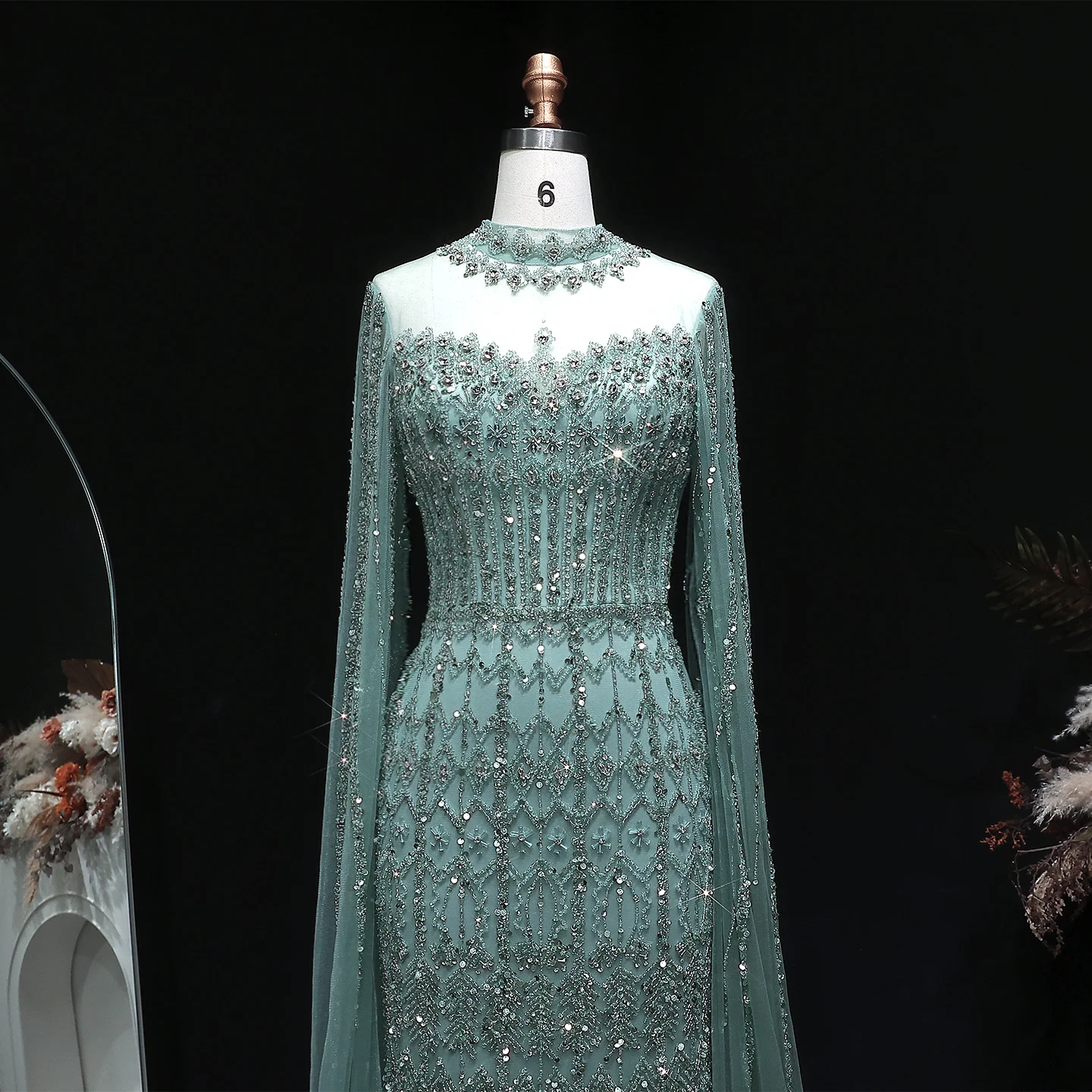Sharon Said Luxuriöses Blaues Tüll-Abendkleid mit Cape-Ärmeln, Kristall-Pailletten, Damen-Hochzeitskleid, Partykleid, Ballkleid SS150, Maßanfertigung – Detail 17