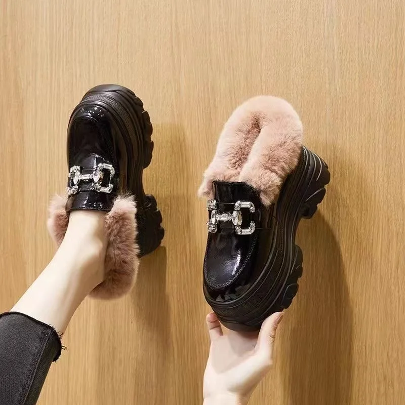 All-Match Winter Shoes Women Autumn Loafers Fur Crystal Clogs Platform Female Footwear Increas Height Fall New Rhinestone Creepe