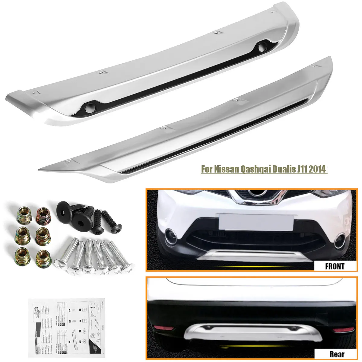 

2PCS ABS Accessories Front and Rear Bumper Skid Protector Guard Plate For Nissan Qashqai Dualis J11 2014