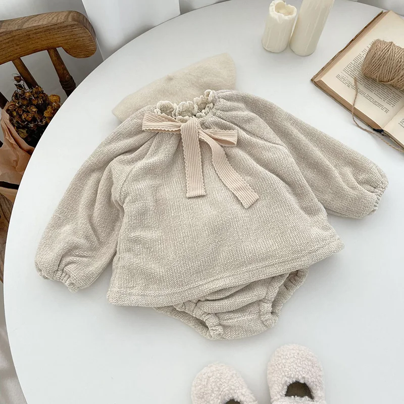 MILANCEL Winter Baby Clothing Set Double Layered Blouse And Bloomer 2 Pcs Winter Suit