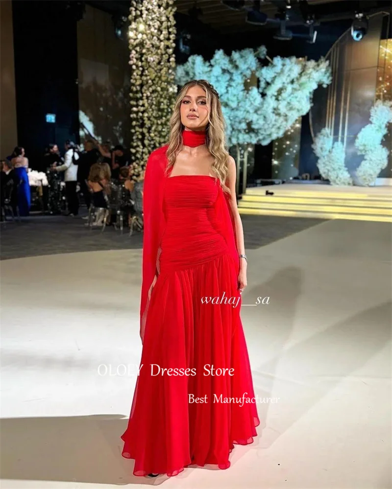 OLOEY Abiti da sera semplici in chiffon rosso Arabo saudita Scialle senza spalline Lunghezza pavimento Abiti da ballo per feste Occasioni formali personalizzate