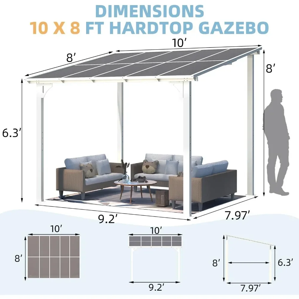 10' X 8' Pergolas and Gazebos on Clearance in White, Large Wall Mounted Pergola, Outdoor Patio Lean To Gazebo Metal Awnings