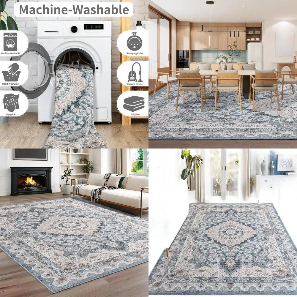

Vintage 6x9 Area Rugs, Machine Washable, Non-Slip Low Pile with Rubber Backing for Living Room, Bedroom, Dining Room, Kitchen, a