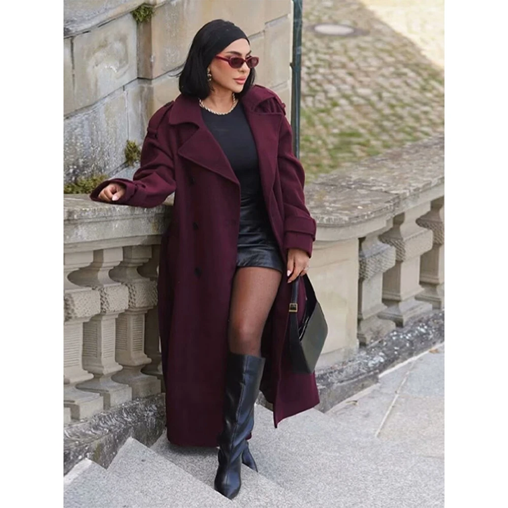 

Шерстяное пальто с двойной пуговицей и поясом, ветровка, верхняя одежда для женщин, осень-зима, модный длинный костюм-свеч с воротником