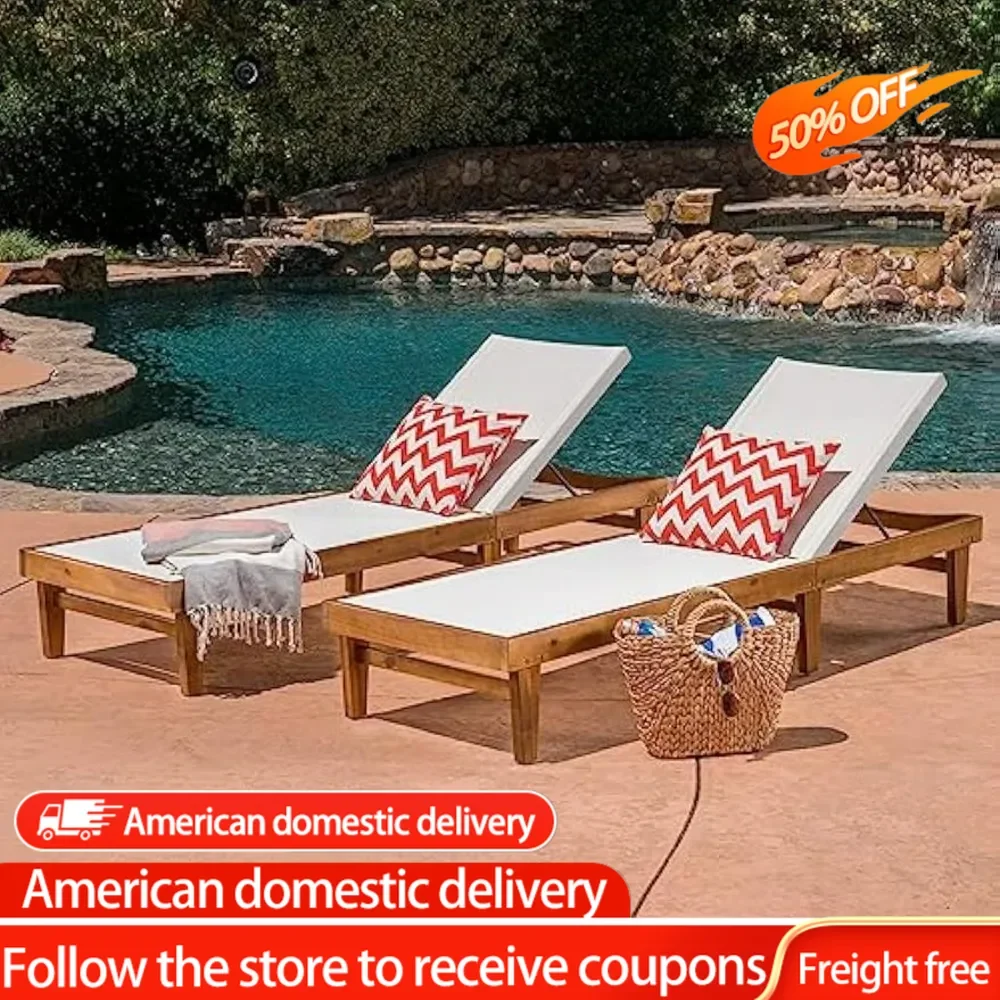 

Reclining Armchairs Teak Finish/White Mesh Deck-chair Shiny Outdoor Wood Chaise Lounge (Set of 2) Recliner Sofa Living Room Home