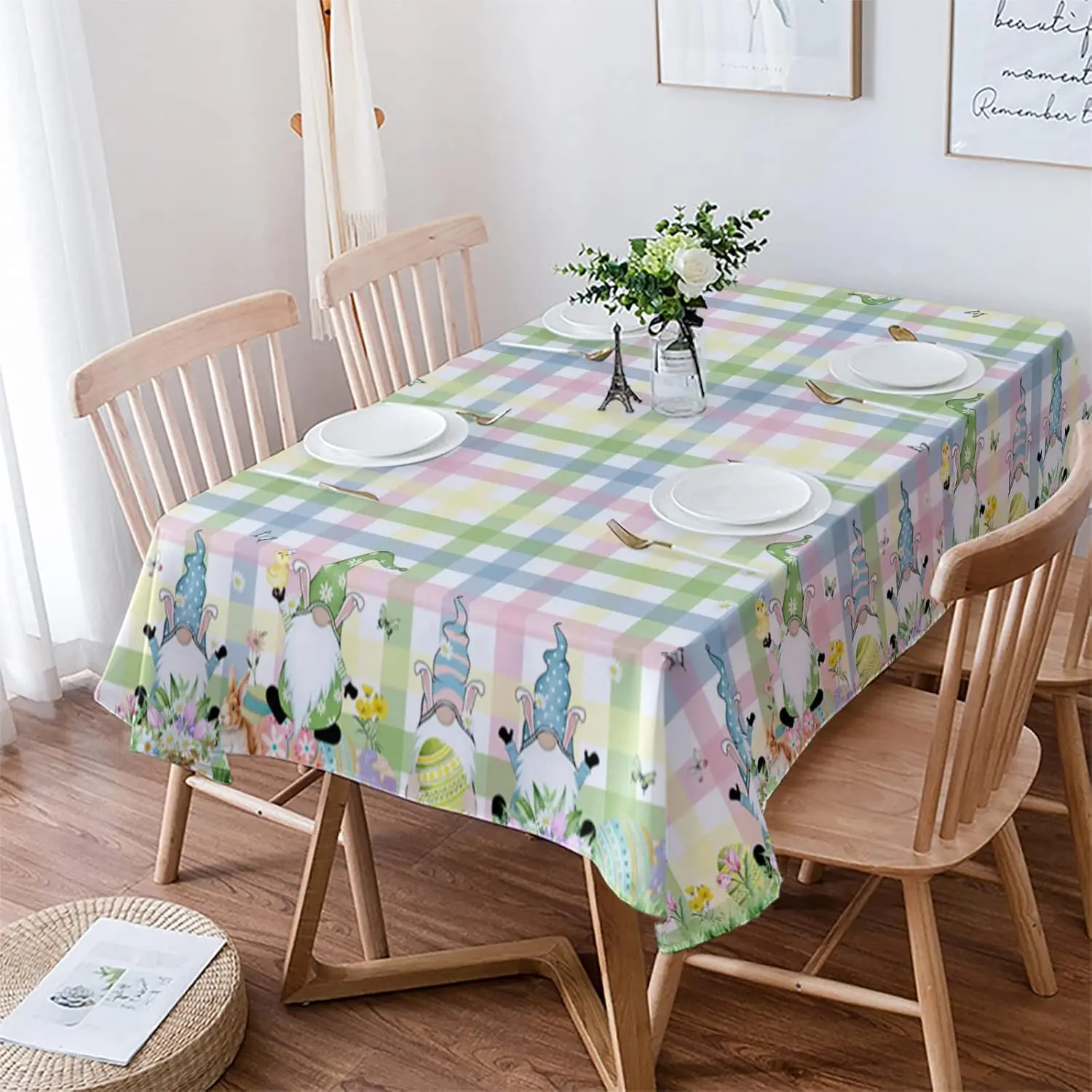 Easter Bunny Egg Gnomes Colorful Plaid Waterproof Tablecloth Dining Table Decor Washable Rectangle Table Cloth Easter Decoration