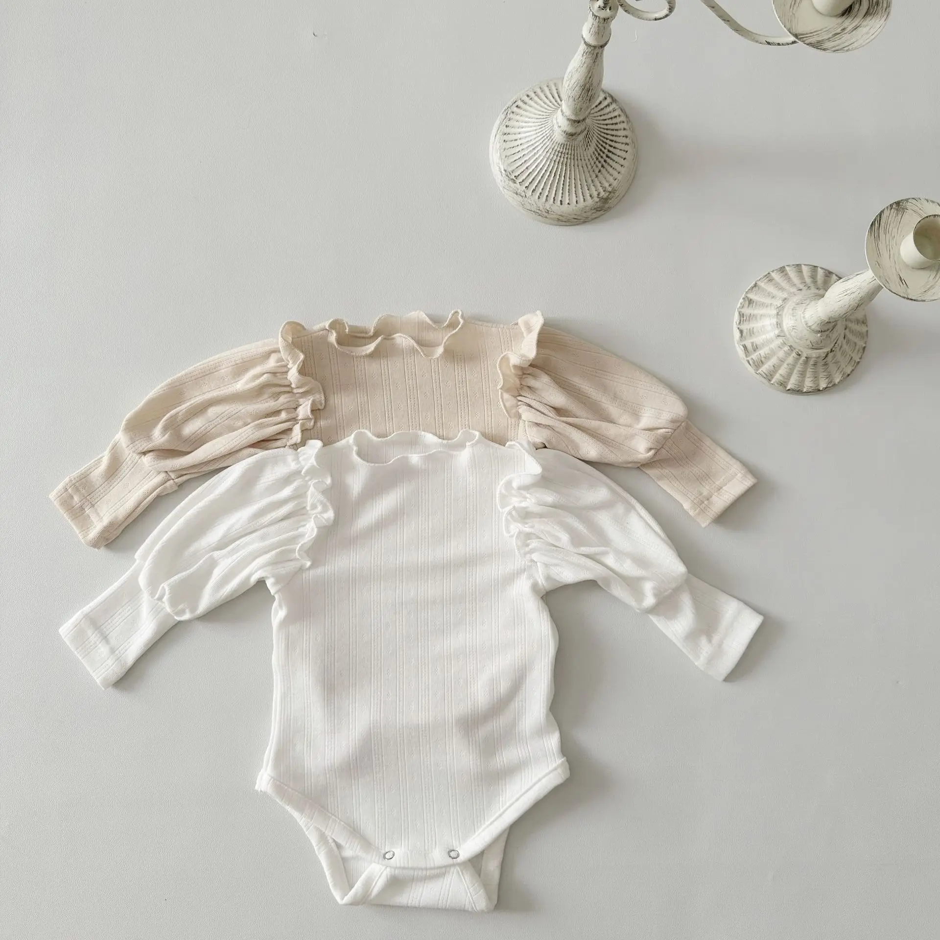 Autumn Baby Girls Puff Sleeve Onesie Solid Ruffle Collar Infant Jumpsuit Toddler Cotton Comfortable One Piece Newborn Bodysuit