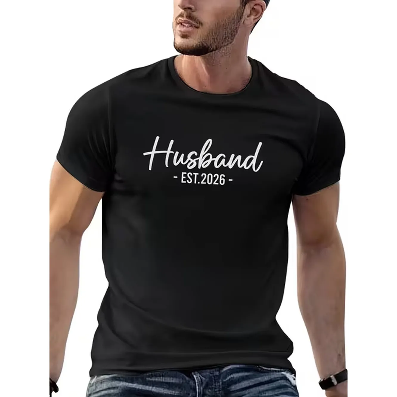 Camiseta divertida para hombre, modelo 'Esposo desde 2026', para boda, con absorción de humedad, cuello redondo, manga corta, conjunto a juego, ropa cómoda e informal, adecuada para lavar a máquina, idea de regalo de aniversario, estampado aleatorio, ajuste holgado.