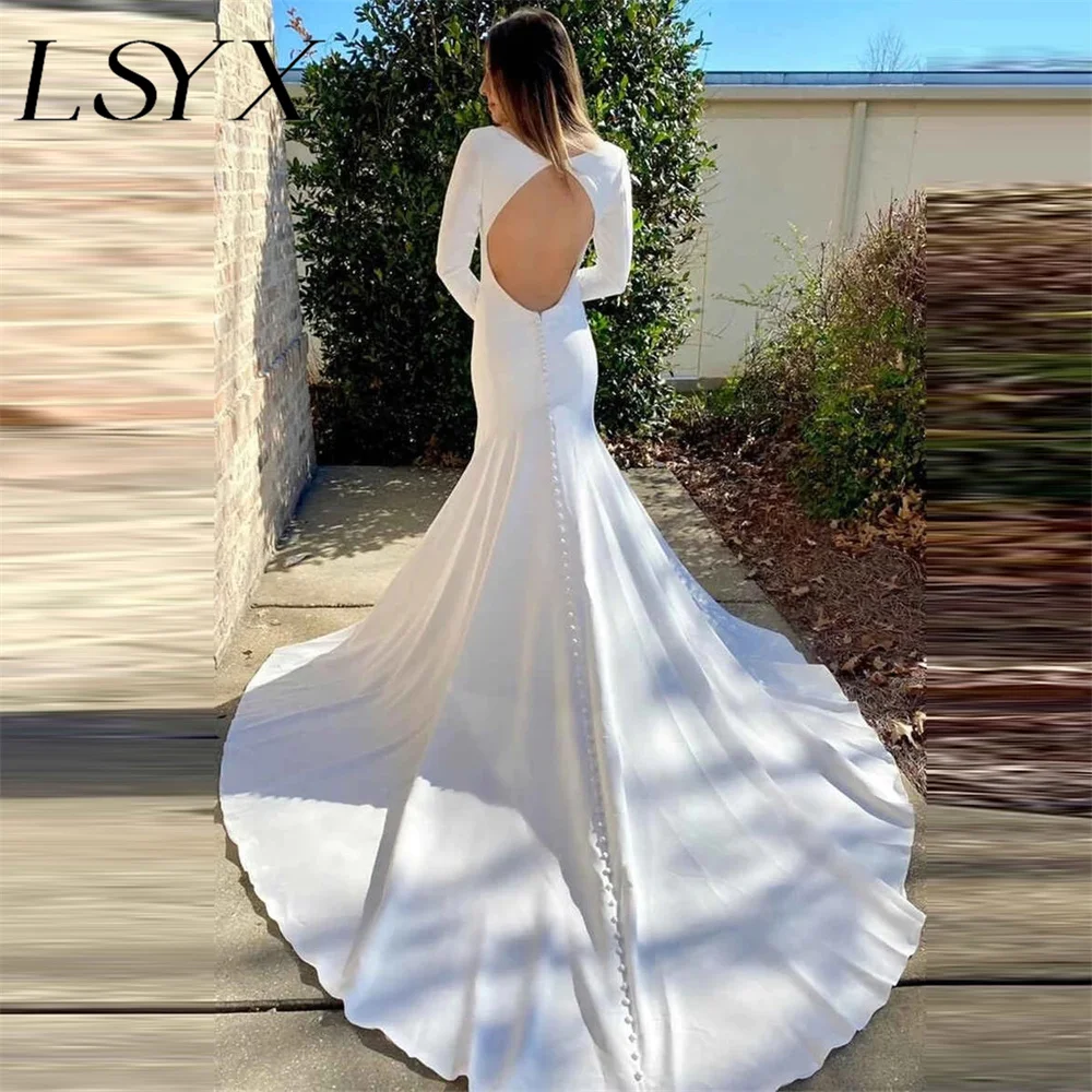 

LSYX Deep V-Neck Long Sleeves Crepe Mermaid Wedding Dress For Women Button Cut Out Back Court Train Bridal Gown Custom Made