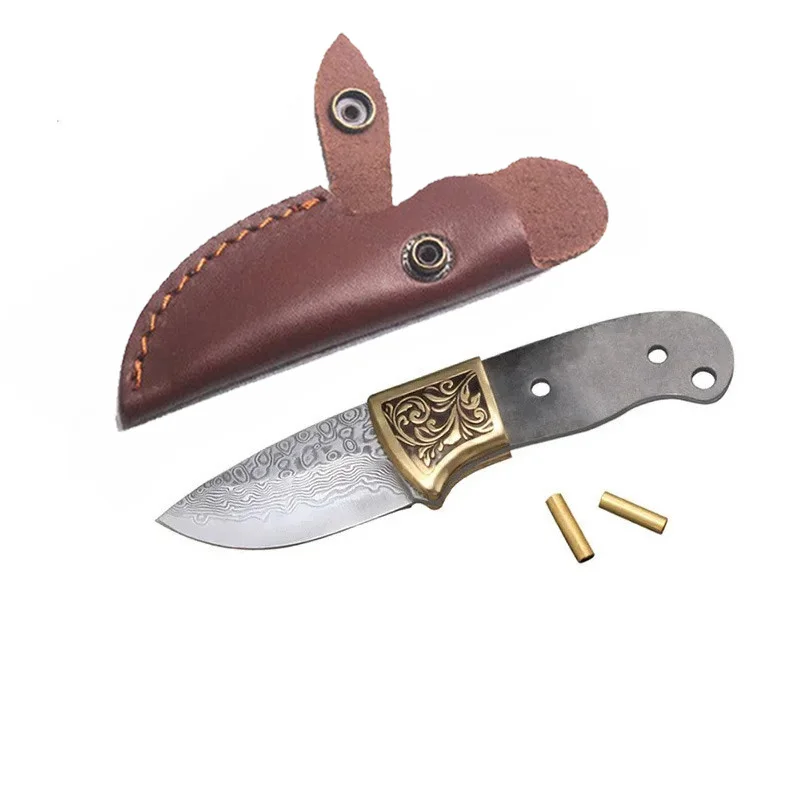 Dropship  DIY Semi-finished Billets Product Edged Fixed Blade Knife  VG10 Damascus Steel Blade with Copper Umbrella Hole