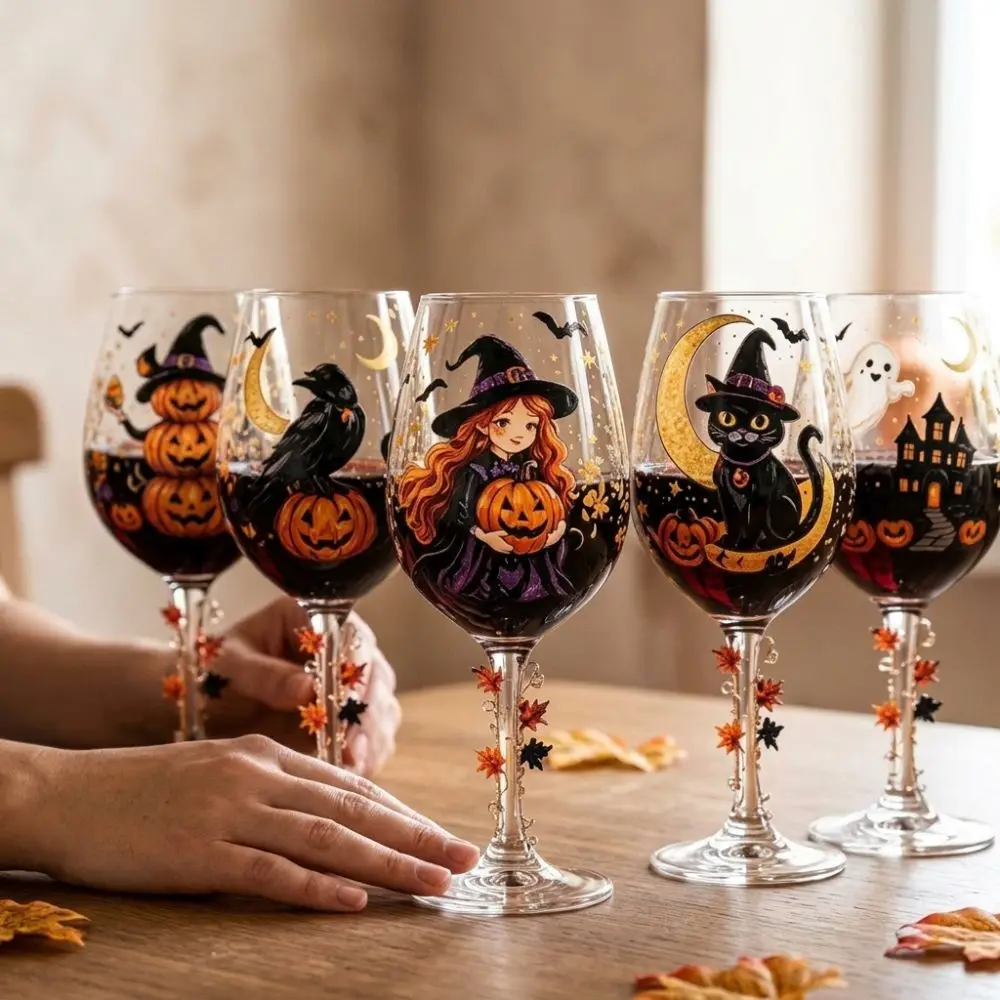 Clear Glass Halloween Painted Wine Glass Large Capacity Gothic Witch Pumpkin Wine Cup Black Cat Spooky Floral Maple Water Glass