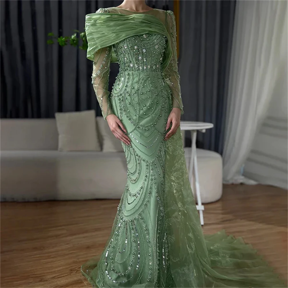 

Customized Simple Straight Organza Evening Dress Formal O-Neck Long Sleeves Celebrity Gowns Delicate Mermaid Beading Party Dress