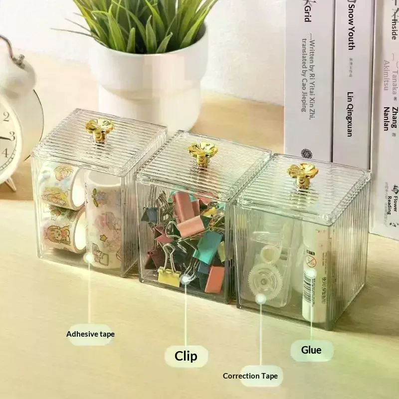 Portable Clear Desktop Organizer with Gold Trim Dustproof Storage Box for Travel Vanity Office Small Item Storage