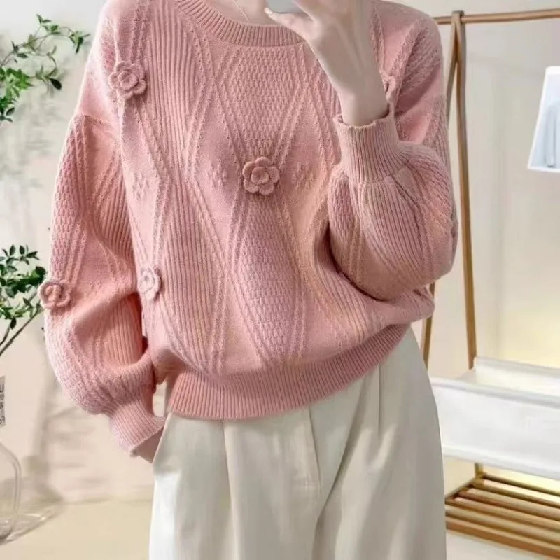 

Flower Autumn And Winter Bottoming Shirt Sweater Bottoming Loose Lantern Solid Color Round Neck Pullover Fashion Top