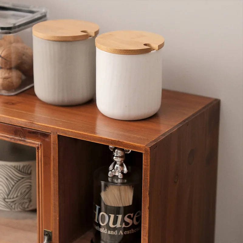 Storage rack with tissue box vintage double-layer wooden tea set tabletop storage box home kitchen cup dustproof cabinet