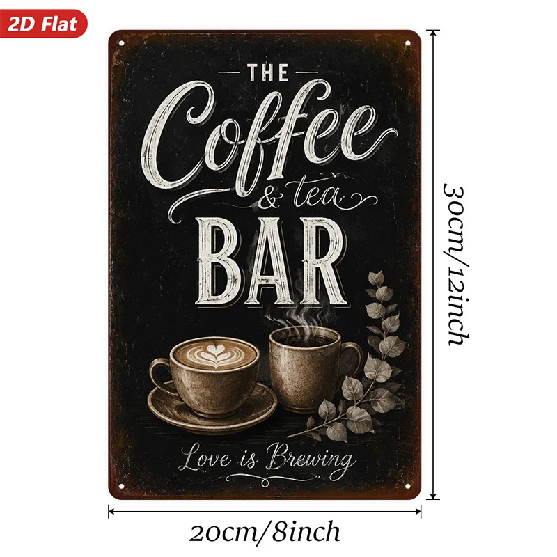 2D Flat, Metal Sign Wall Art,Tea Bar Decorative Art Print, Rustic Style, Love Is Brewing Text,for Kitchen,Living Room Home Decor