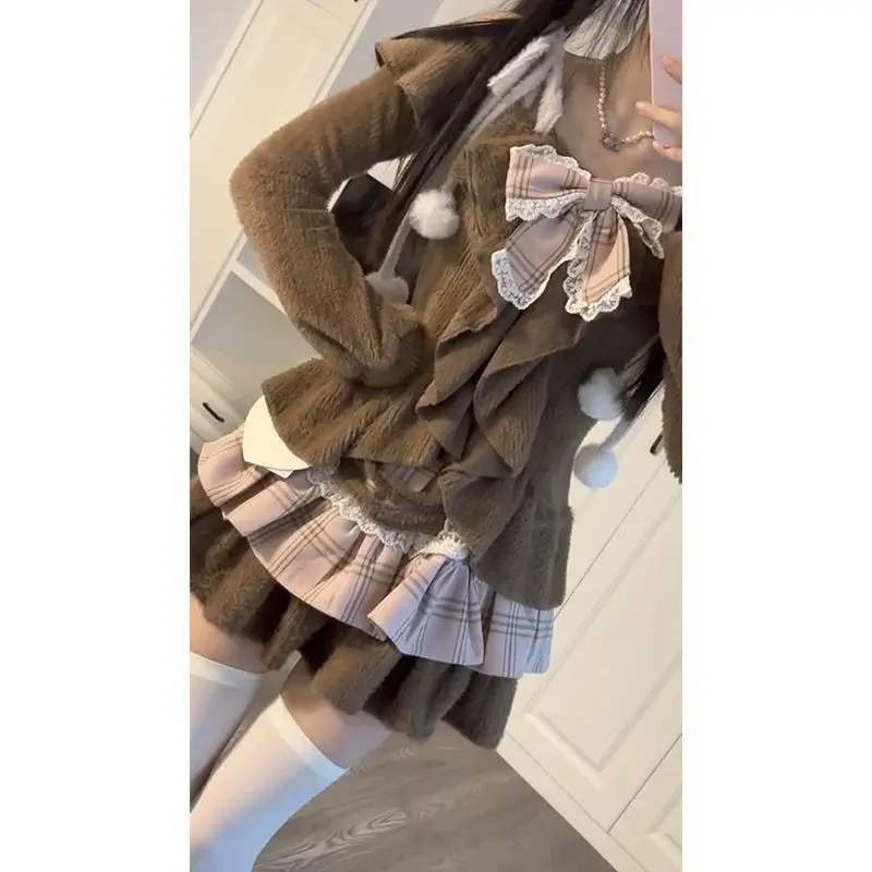 2024 Autumn Winter Brown Off Shoulder Bow Tie Up Cardigan + Plaid A-line Skirt Two Piece Sets Womens Outifits Sweet Y2k Suits