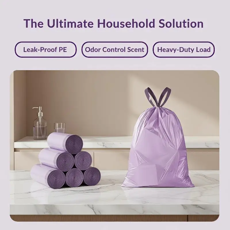 10 Rolls Purple Drawstring Trash Bags Thick Leak Proof Disposable For Kitchen Bathroom Home Trash Cans